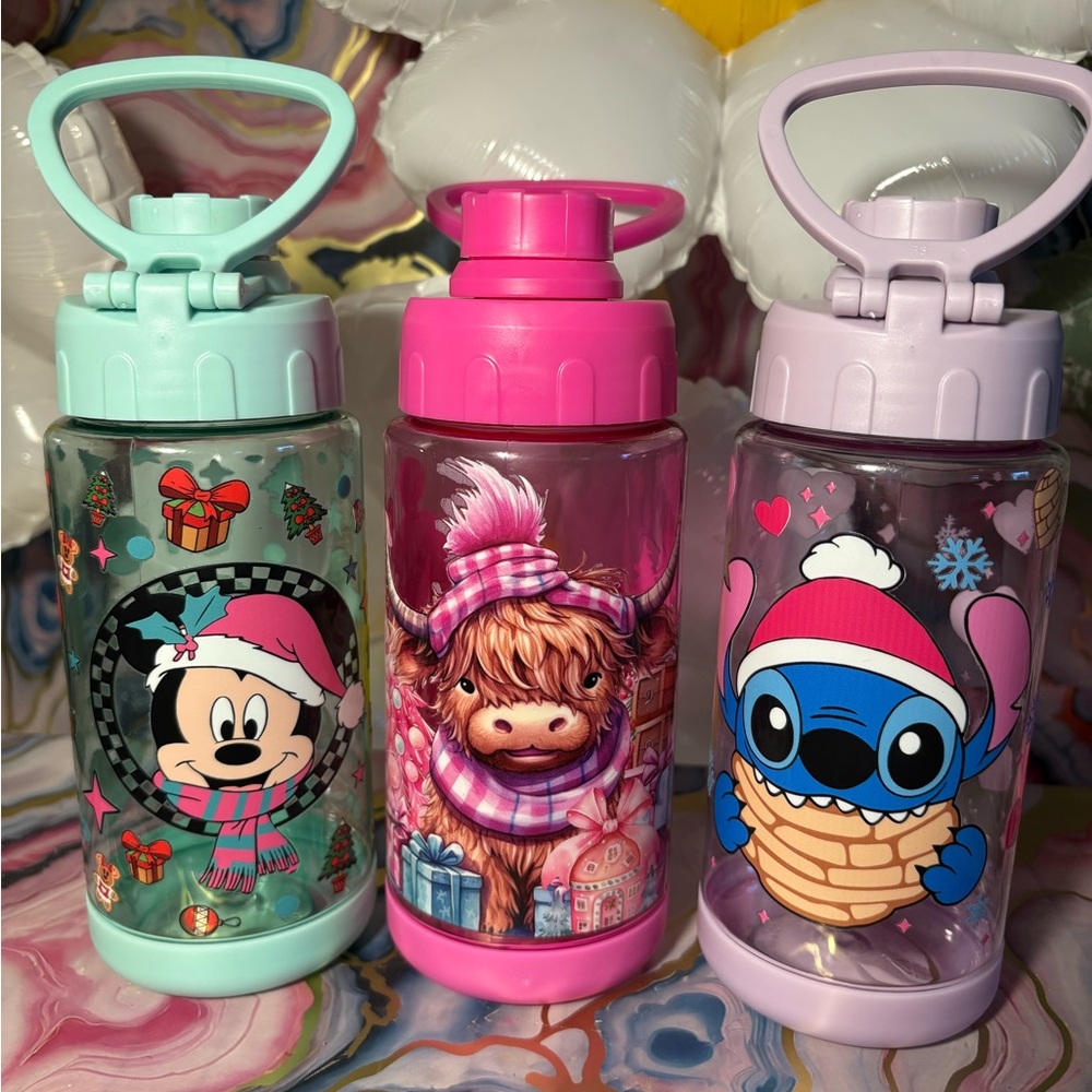 Kids Cartoon Character Water Bottles - Pink, Blue, Green